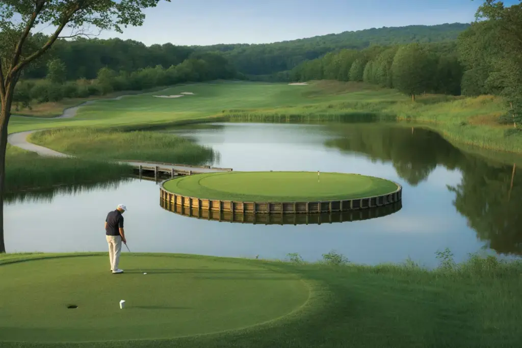 Mansion ridge island green par three over pristine pond nicklaus design