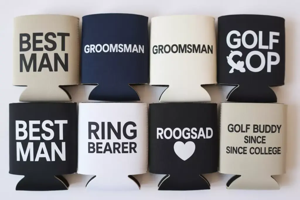 Set Of Role Specific Koozies For Best Man Groomsmen And Ring Bearer In Cohesive Design