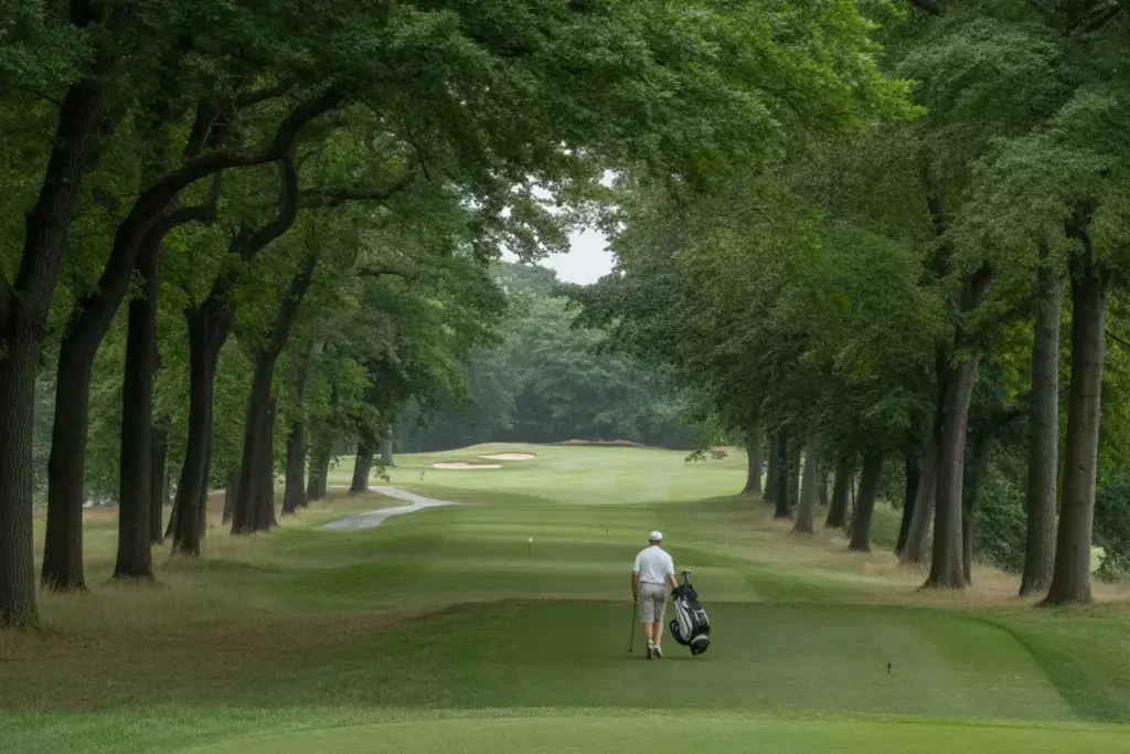 Glen head tree lined fairway elevated green classic strategic design