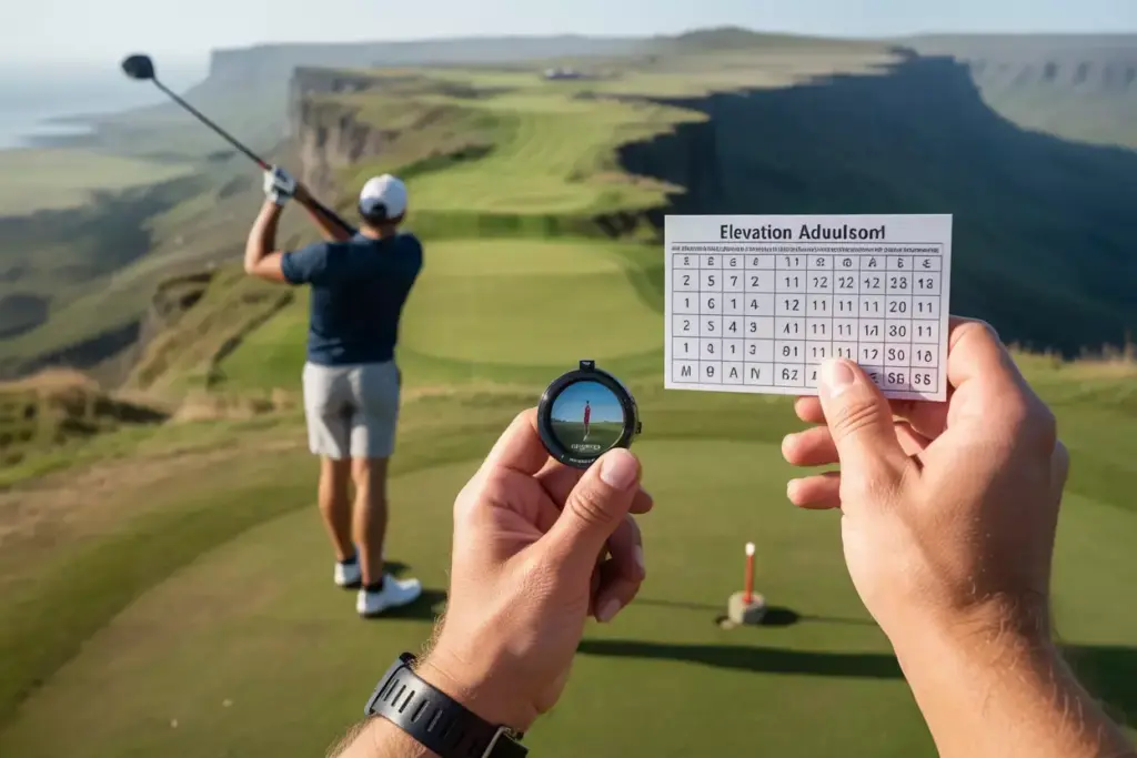 Golfer On High Tee Box Using Elevation Chart And Rangefinder For Downhill Shot To Green Below