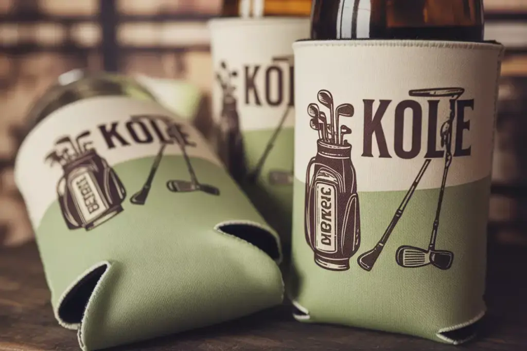 Vintage Style Koozie With Retro Golf Club Illustrations On Muted Sage And Cream Colors