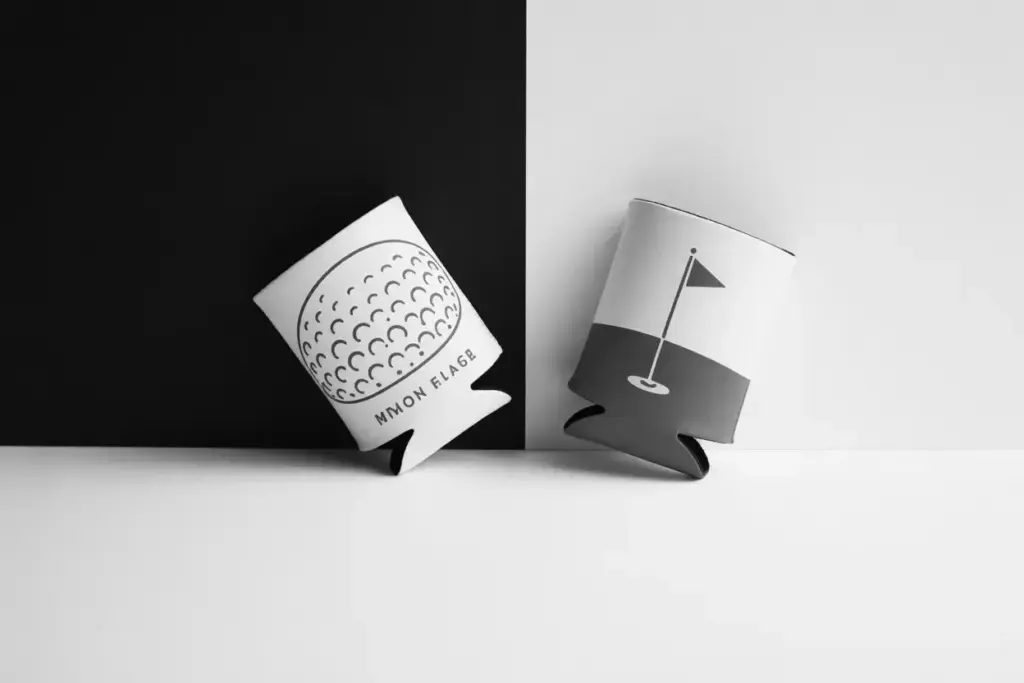 Modern Minimalist Koozies With Geometric Golf Ball Pattern And Clean Line Flag Drawing