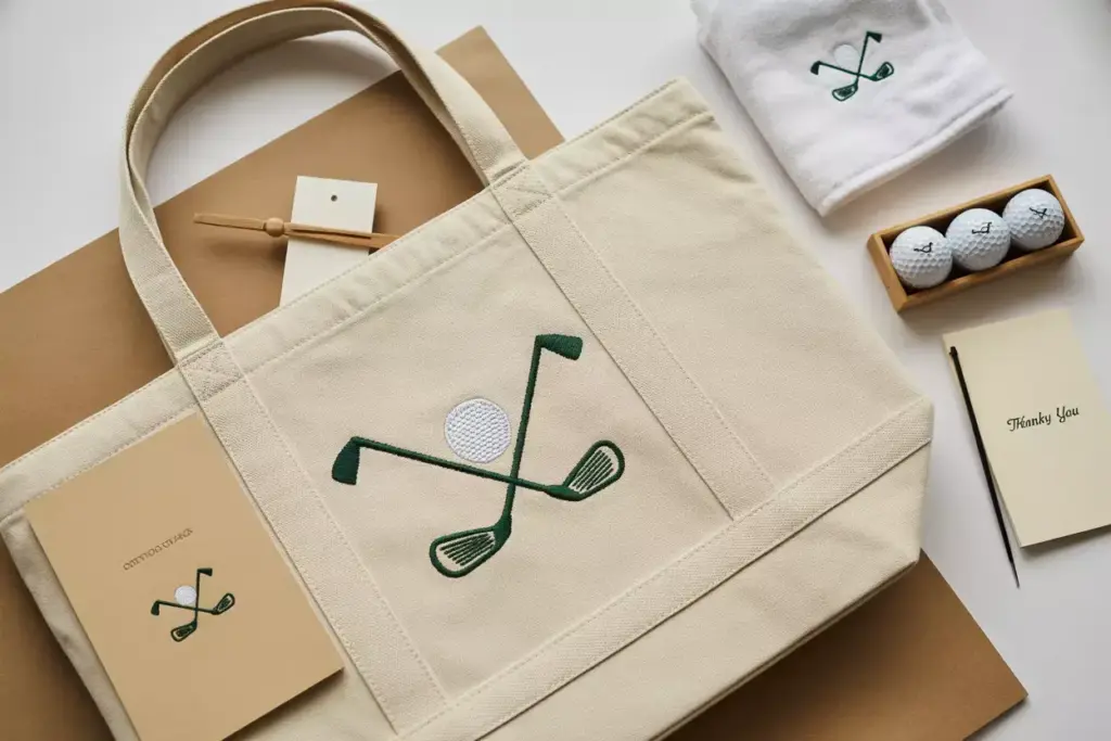 Canvas Tote Bag With Embroidered Golf Clubs And Premium Corporate Golf Favor Items