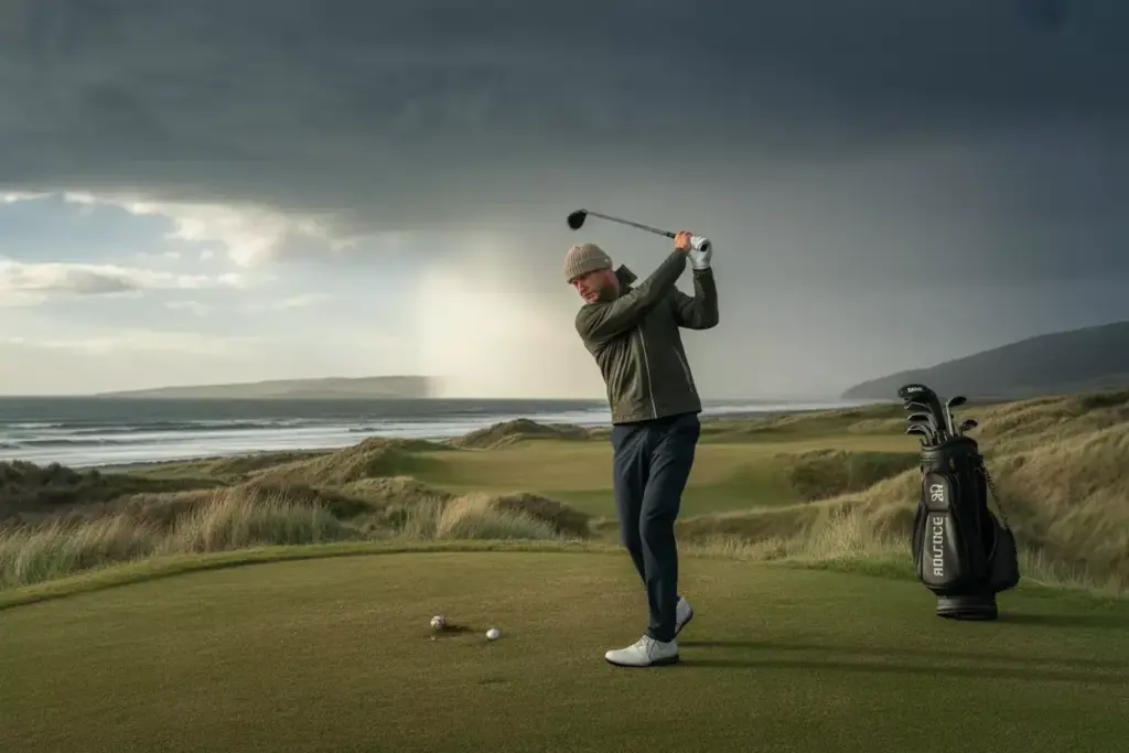 Master unpredictable coastal weather conditions golfer bracing winds dramatic sky