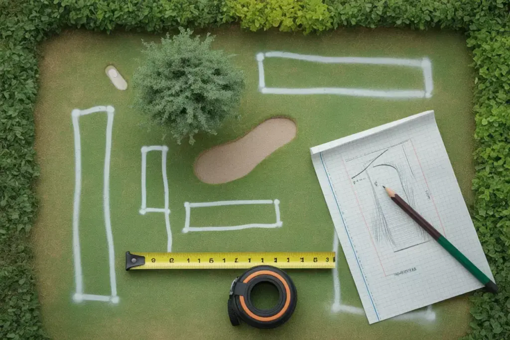 Overhead View Of Backyard Putting Course Layout With Spray Paint Markings Graph Paper Sketch And Measuring Tape On Grass