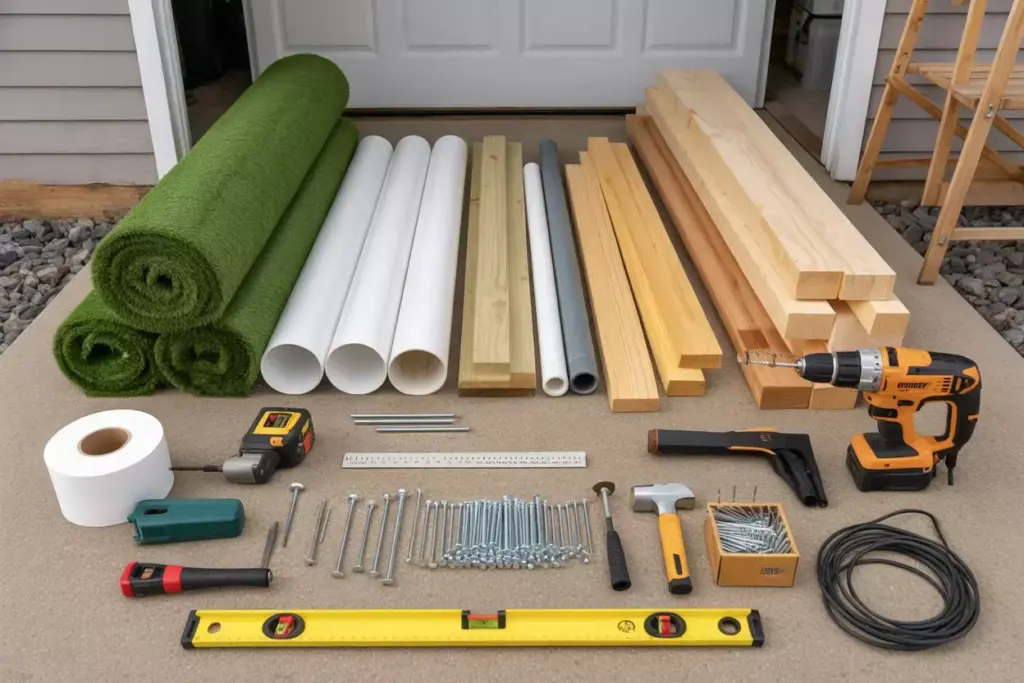 Flat Lay Of Diy Putting Course Materials Including Artificial Turf Lumber Pvc Pipes And Power Tools