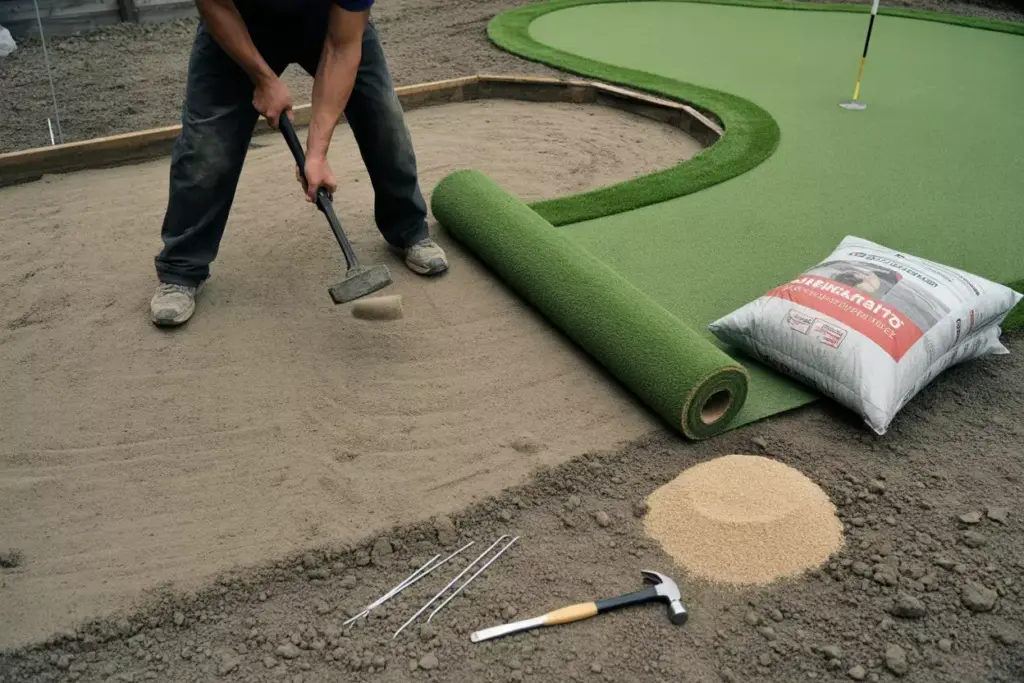 Installing Artificial Turf Onto Leveled Ground With Hand Tamper And Landscape Staples