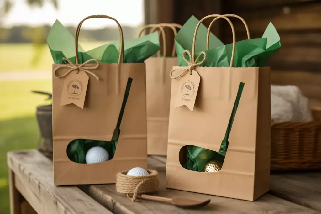 Kraft Paper Gift Bags With Golf Club Shaped Windows And Green Tissue Paper Inside