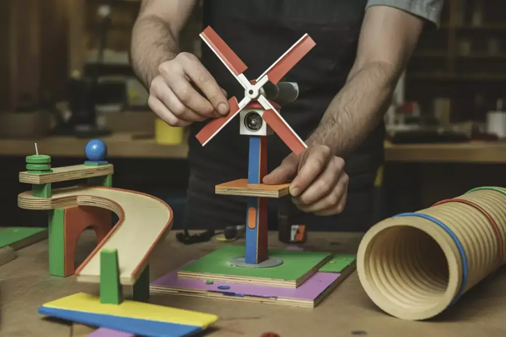 Close Up Of Hands Building A Colorful Miniature Windmill Obstacle With Wood And Pvc Pipes