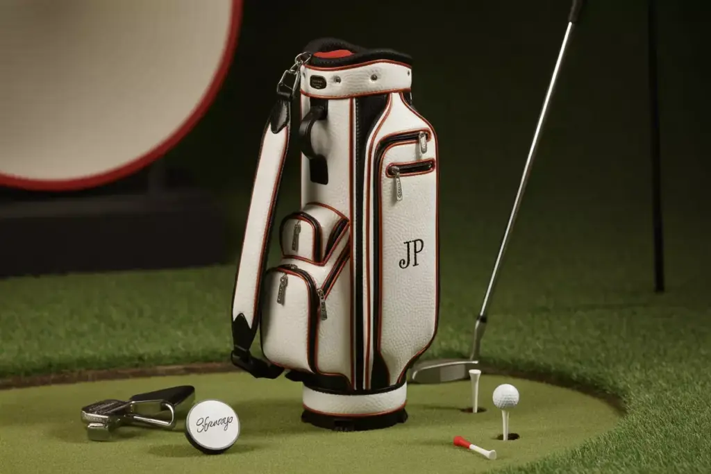 Personalized Miniature Golf Bag Replica With Embroidery On Putting Green Mat