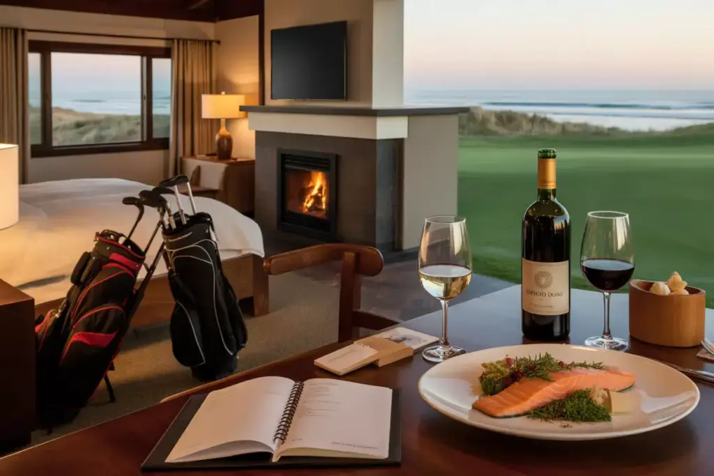 Plan accommodation dining strategy lodge room fireplace gourmet meal setting