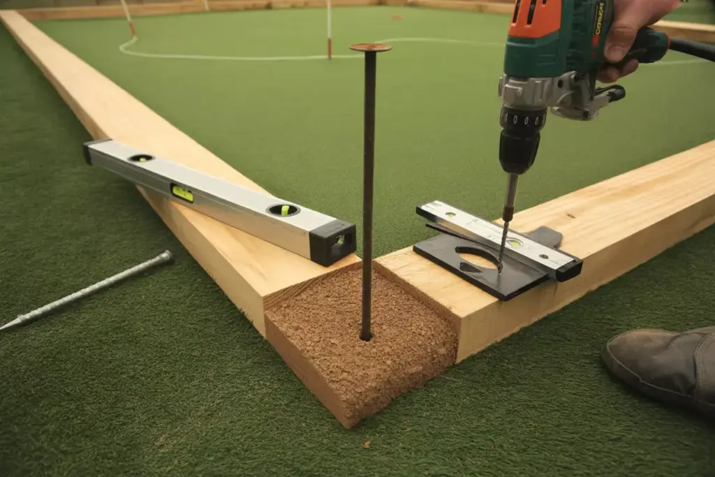 Installing Stained Wooden Border With Miter Saw Drill And Level Around Artificial Turf Green