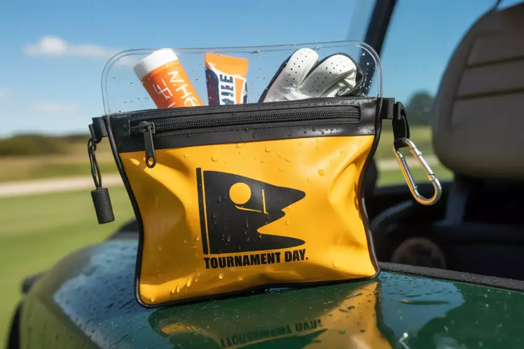 Yellow Waterproof Golf Pouch With Clear Window And Water Droplets On Surface