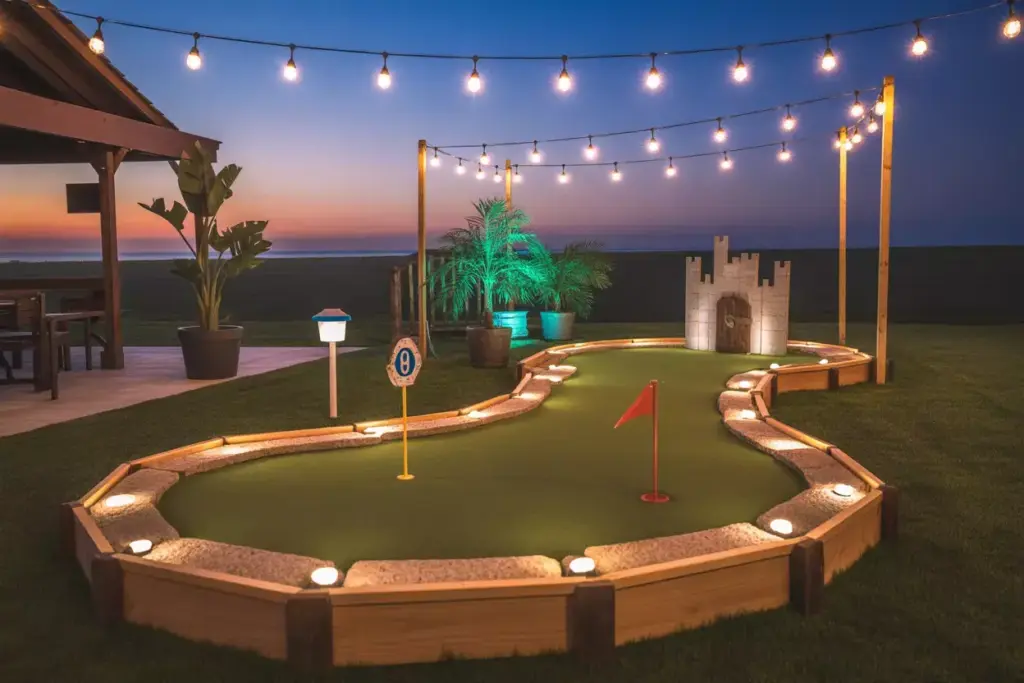 Completed Backyard Putting Course At Dusk With Led Lights Castle Obstacle And Tropical Plants