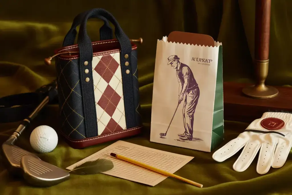 Vintage Argyle Canvas Duffle And Retro Paper Bag With Classic Golf Antiques