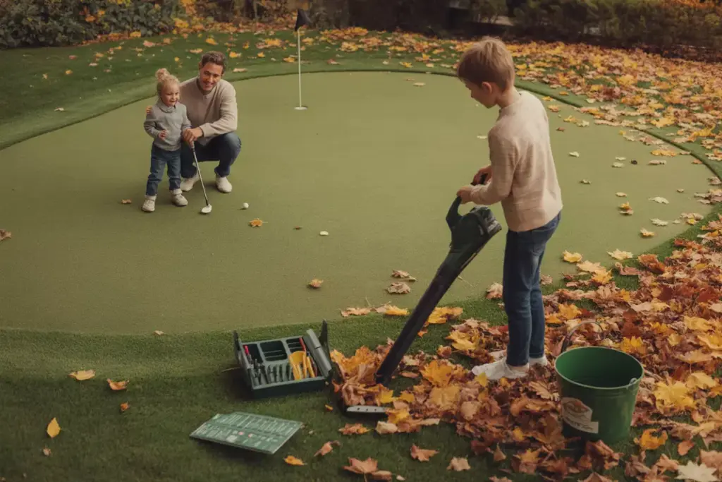 Family Testing Putting Course While Performing Maintenance With Leaf Blower In Autumn