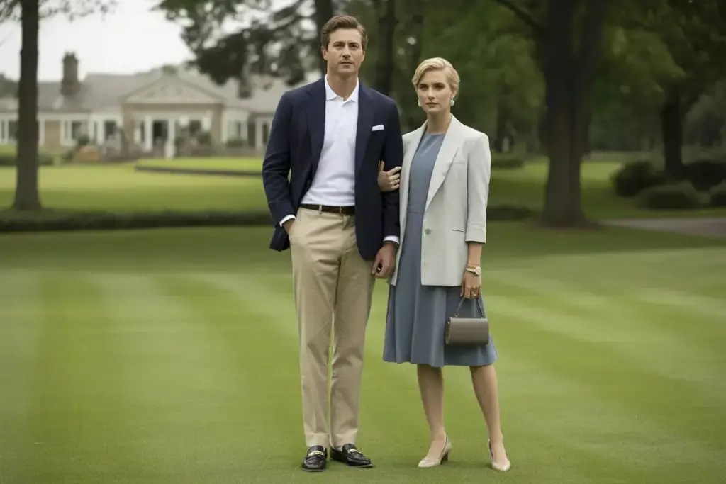 Traditional Country Club Couple In Navy Blazer And Knee Length Dress On Manicured Lawn
