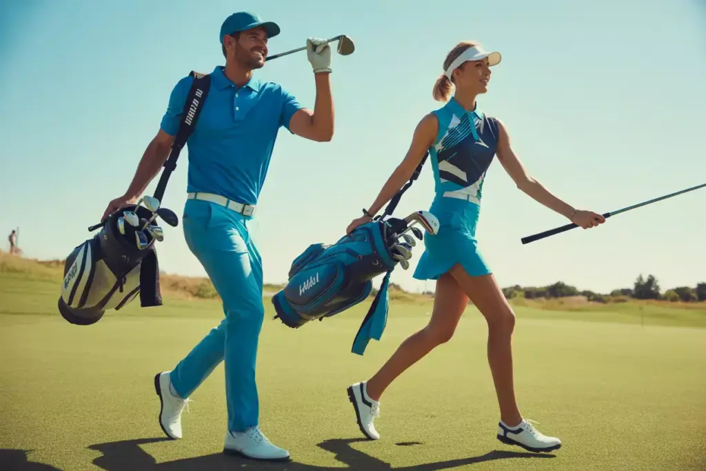 Modern Golfers In Bold Performance Polos And Skirts Walking On Sunny Fairway