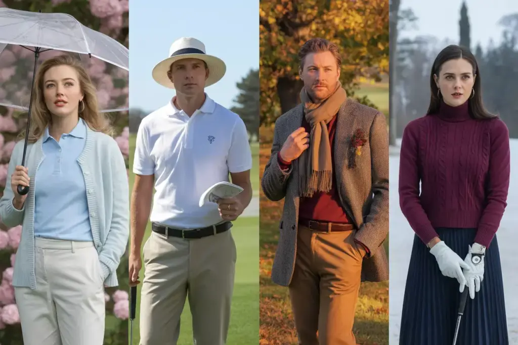 Four Season Golf Attire Showcasing Layering Fabrics And Colors For Spring Summer Fall Winter