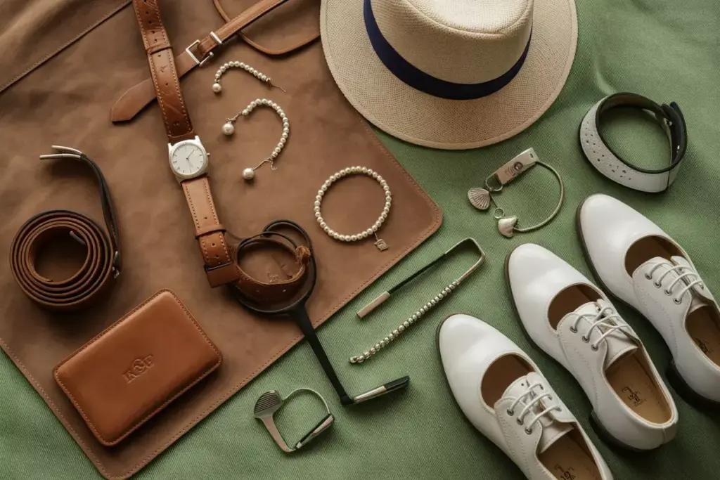 Curated Collection Of Golf Party Accessories Watches Belts Jewelry And Footwear On Felt