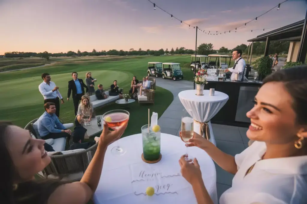 Elegant Golf Course Sunset Cocktail Reception With Guests Signature Drinks And String Lights