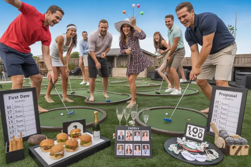 Backyard Mini Golf Tournament With Custom Holes Guests Playing And Prize Table