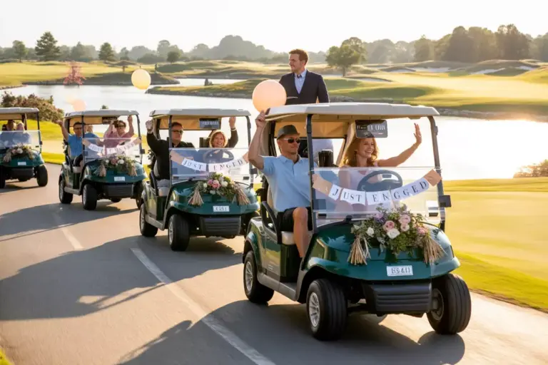 Decorated Golf Cart Parade On Scenic Course Path During Golden Hour Tour