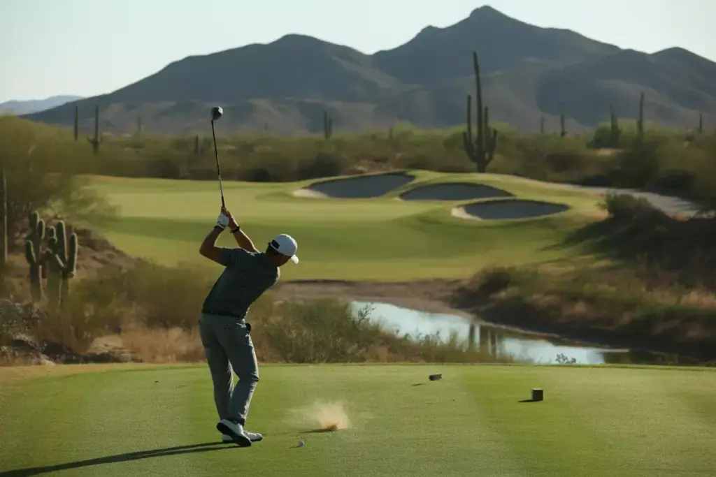 Grayhawk Talon Course Golfer Over Desert Wash Bunkered Green Foothills