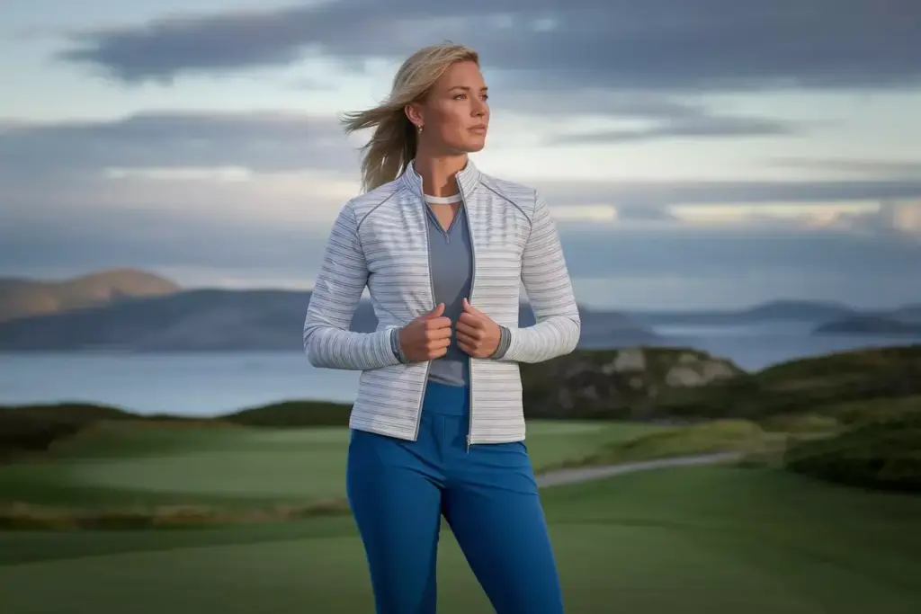 A Layered Golf Outfit With Cardigan And Capris On A Windy Course Overlook