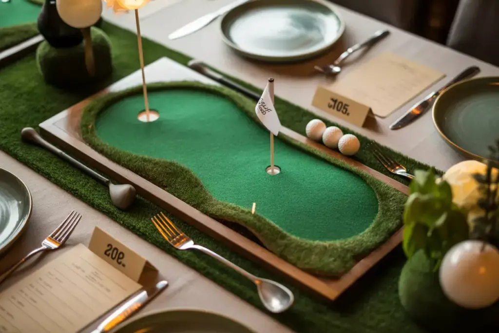 Miniature Putting Green Centerpiece On Elegant Dining Table With Led Glow And Scorecards
