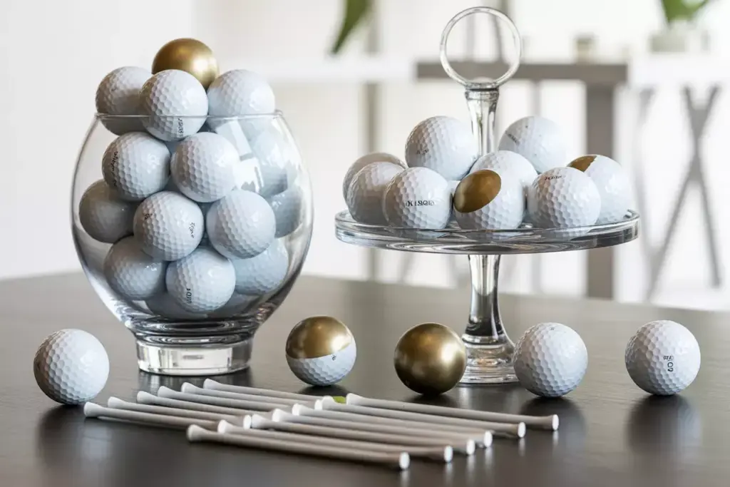 Elegant Glass Vase And Tiered Stand Display Of White And Metallic Golf Balls