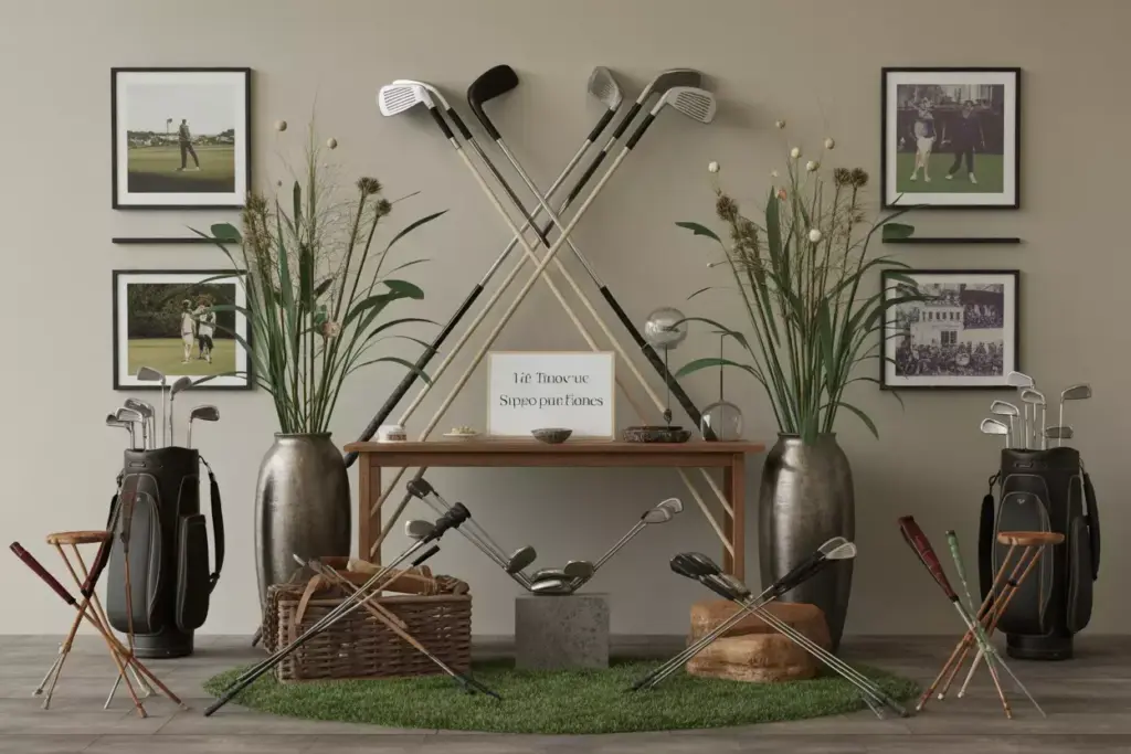 Vintage Golf Clubs Crossed On Wall With Floor Vase And Golf Bag Display