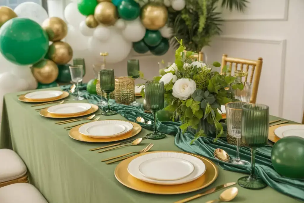 Elegant Tablescape With Green Velvet Runner Gold Chargers And White Floral Centerpiece