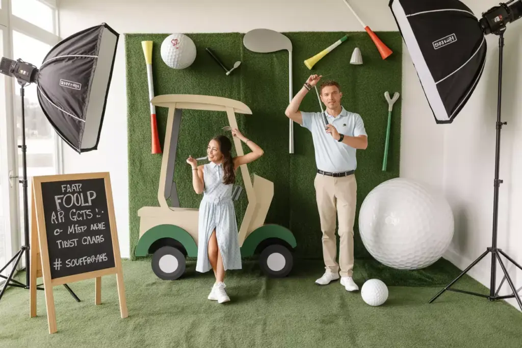 Photo Booth With Artificial Grass Backdrop Oversized Golf Props And Professional Lighting