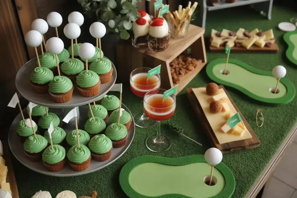 Tiered Dessert Table With Golf Ball Cake Pops Green Velvet Cupcakes And Themed Charcuterie