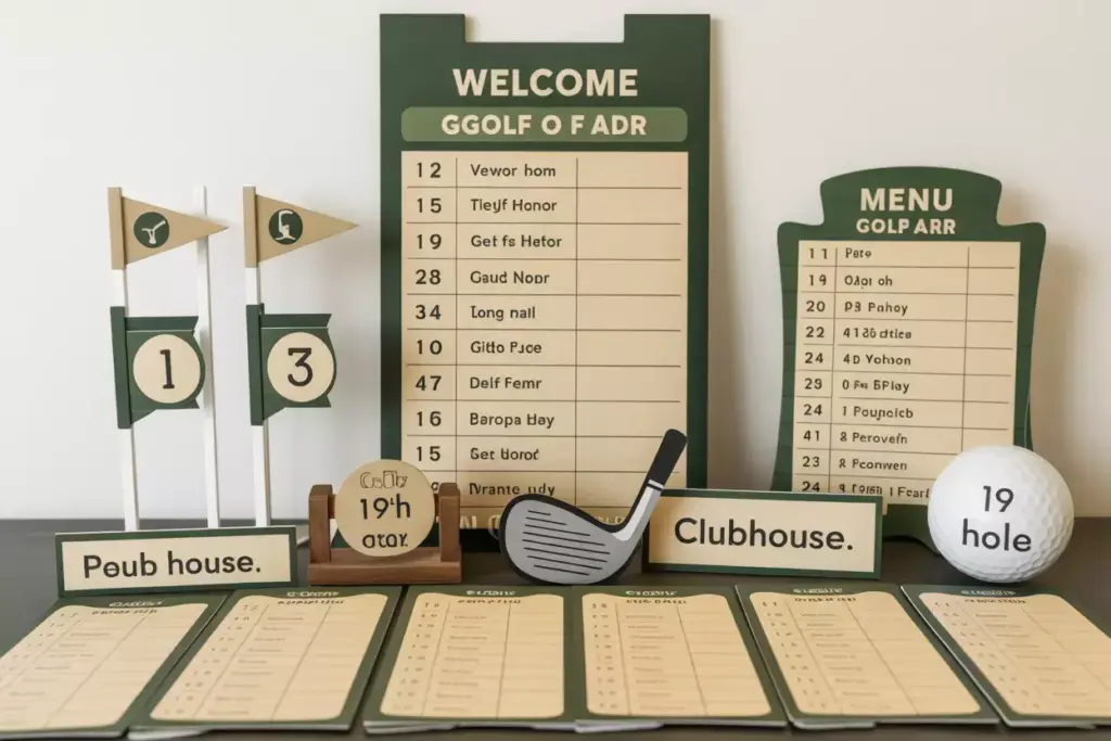 Custom Golf Party Signage Including Oversized Scorecard Menu Board And Table Flags