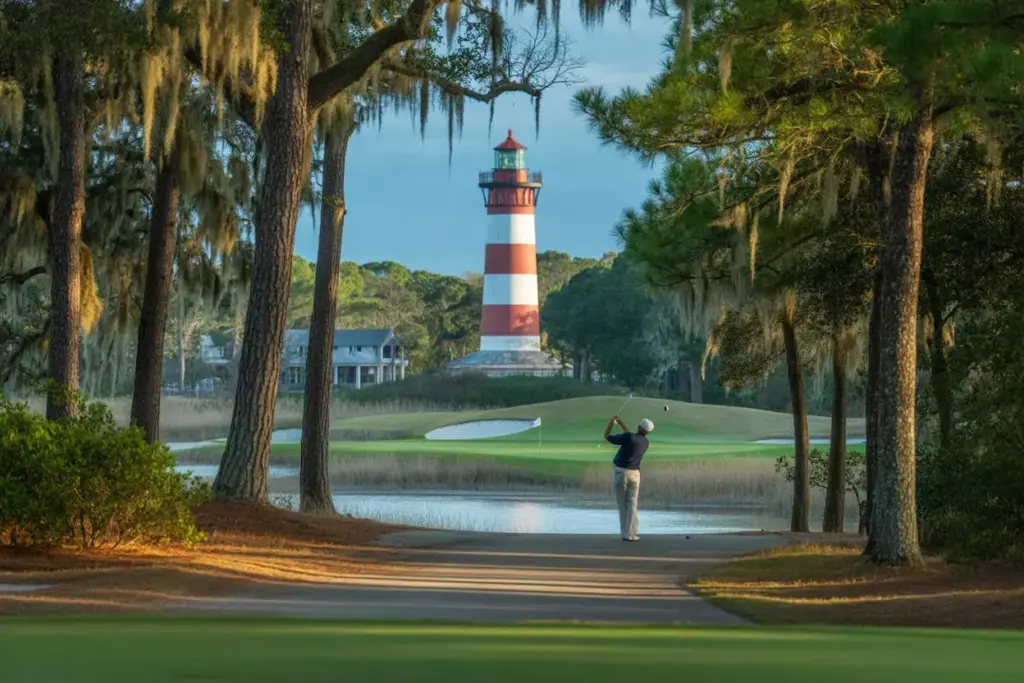 Harbour Town Links Narrow Fairway Lighthouse Backdrop Morning Golf