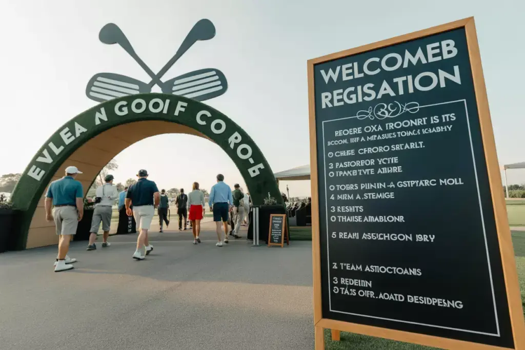 Welcome Arch Made Of Golf Clubs And Turf With Chalkboard Registration Sign At Course Entrance