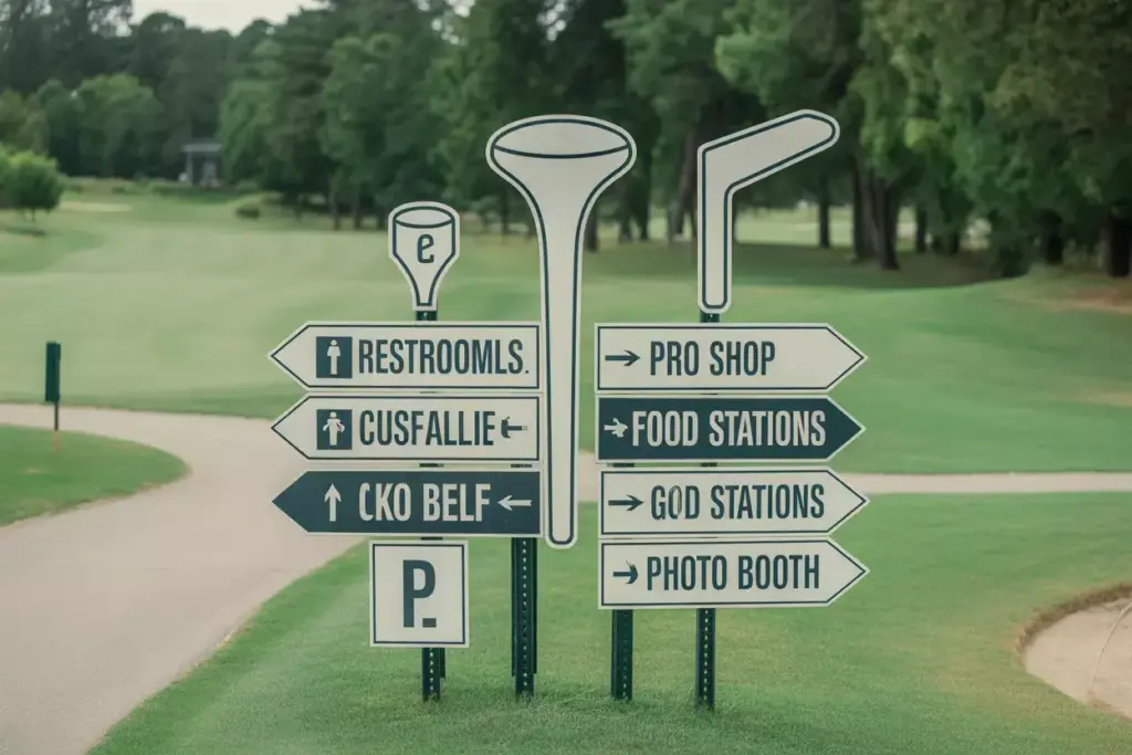Consistent Directional Signs With Golf Themed Arrows Pointing To Facilities Along Cart Path