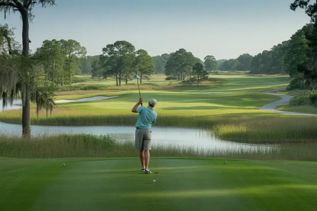 Atlantic Dunes Wide Fairway Final Approach Over Wetlands Live Oaks