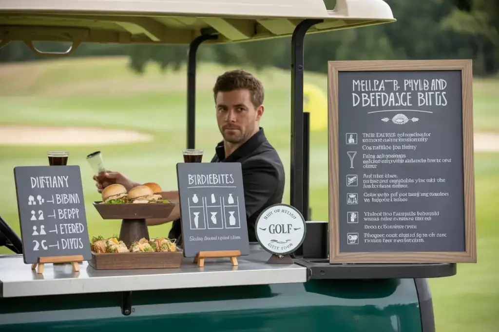 Chalkboard Menu And Dietary Signs At An Elevated Golf Themed Food Beverage Station