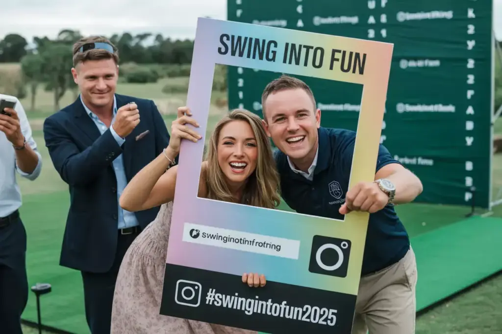 Guests Posing With Hashtag Sign And Photo Frame Prop At Social Media Photo Opportunity