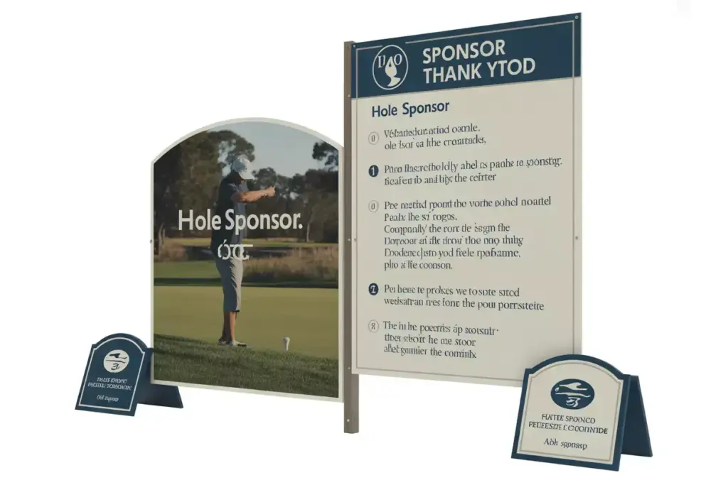 Professional Sponsor Sign With Logo And Branded Tee Markers At A Golf Hole Tee Box