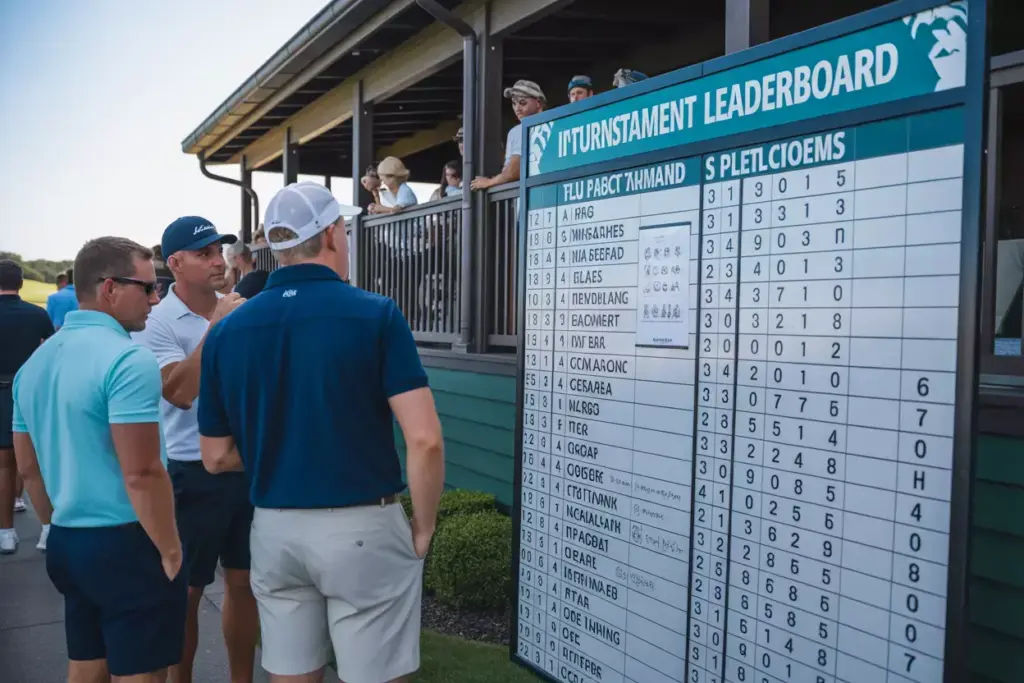 Large Updated Tournament Leaderboard With Scores Displayed In A High Traffic Gathering Area