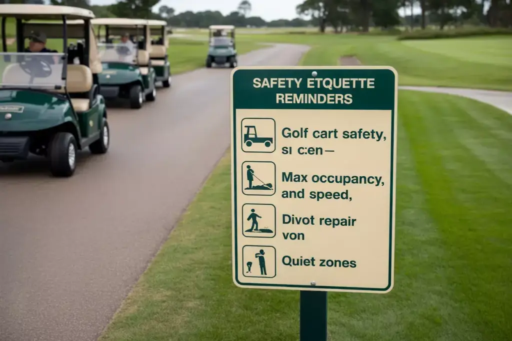 Clear Safety Etiquette Sign With Icons For Cart Rules And Course Care Along Path