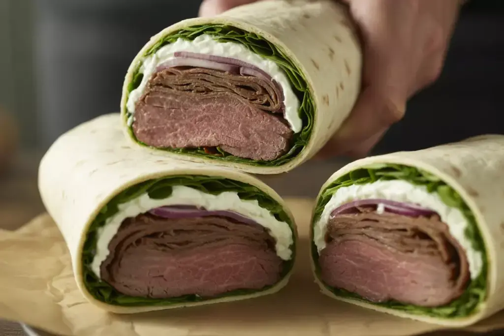 Gourmet Roast Beef Horseradish Wrap Cream Cheese Mixed Greens Red Onion Cross Section