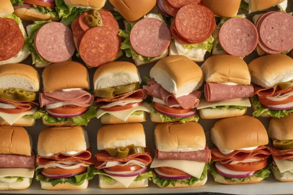 Italian Submarine Sliders Salami Ham Pepperoni Provolone Vegetables Dressed Buns Platter