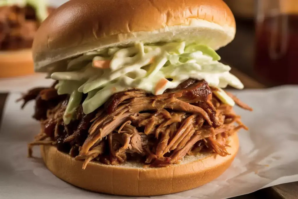 Bbq Pulled Pork Sandwich Brioche Bun Slow Cooked Shredded Meat Coleslaw Topping