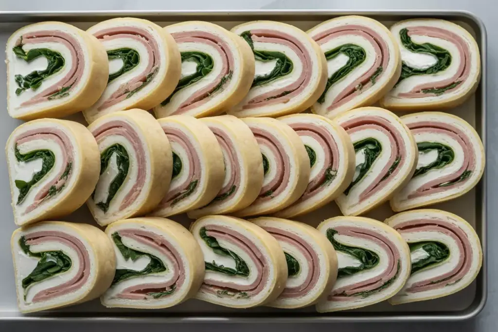 Ham Swiss Pinwheels Tortilla Cream Cheese Spinach Neatly Sliced Spiral Presentation