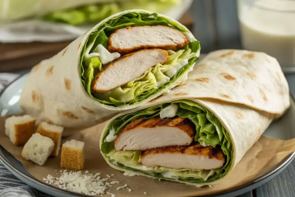 Grilled Chicken Caesar Wrap Tortilla Sliced Chicken Romaine Dressing Croutons Parmesan